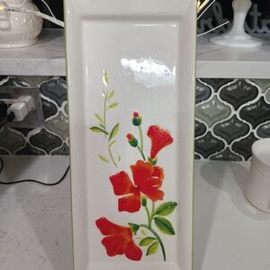 Garden Bouquet Floral Ceramic Tray with Red Flowers